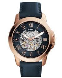 Fossil Grant Leather Strap Skeleton Watch 45mm