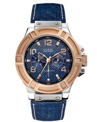 Guess Blue Denim Leather Strap Watch 46mm U0040g6