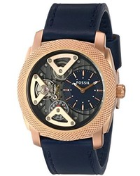 Fossil Me1158 Machine Gold Tone Stainless Steel Watch With Navy Blue Leather Band