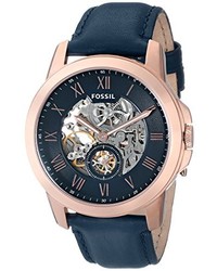 Fossil Me3054 Grant Three Hand Automatic Leather Watch Navy Blue