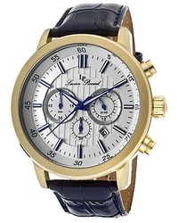 Lucien Piccard Monte Viso Chrono Navy Blue Genuine Leather Silver Tone Dial Gold Tone Case