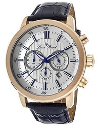 Lucien Piccard Monte Viso Chrono Navy Blue Genuine Leather Silver Tone Dial Rose Tone Case
