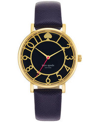 Kate Spade New York Ladies Gold Tone Navy Watch With Leather Strap