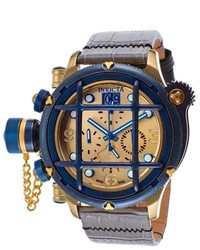 Invicta Russian Diver Chrono Grey And Black Leather Gold Tone Dial Navy Blue Bezel
