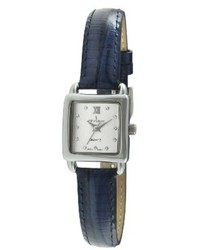 Peugeot Watches Mini Square Crystal Marker Leather Strap Watch Silver And Blue