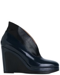 Navy Leather Wedge Ankle Boots