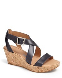 Navy Leather Wedge Sandals