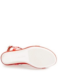 Calvin Klein Jiselle T Strap Platform Wedge Leather Sandal