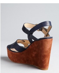 Pour La Victoire Navy And Cognac Leather And Suede Lysa Wedge Sandals