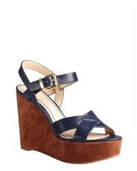 Pour La Victoire Navy And Cognac Leather And Suede Lysa Wedge Sandals