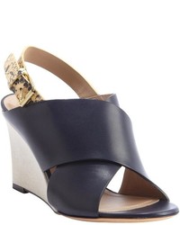 Celine Navy Leather And Snakeskin Wedge Sandals