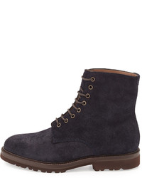 Brunello Cucinelli Waxed Leather Lace Up Hiker Boot Navy