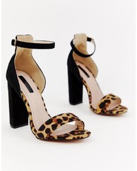 Navy Leopard Leather Heeled Sandals