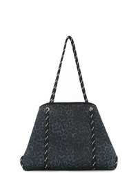Navy Leopard Leather Tote Bag