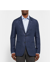 Caruso Blue Butterfly Slim Fit Linen And Wool Blend Blazer