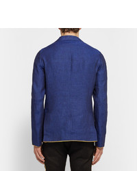 Haider Ackermann Blue Slim Fit Contrast Trimmed Linen Blazer