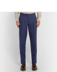 Thom Sweeney Navy Slim Fit Pleated Linen Trousers