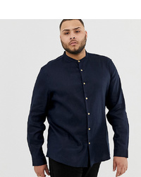 ASOS DESIGN Plus Slim Fit Linen Mix Shirt With Grandad Collar In Navy