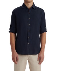 Bugatchi Shaped Fit Print Linen Button Up Shirt In Navy At Nordstrom