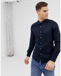ASOS DESIGN Slim Fit Linen Mix Shirt With Grandad Collar In Navy