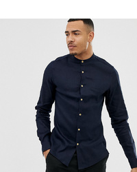 ASOS DESIGN Tall Slim Fit Linen Mix Shirt With Grandad Collar In Navy