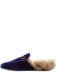 Gucci Blue Velvet And Fur Princetown Slippers