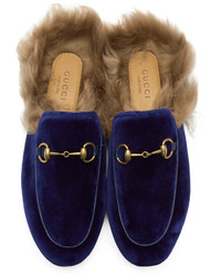 Gucci Blue Velvet And Fur Princetown Slippers