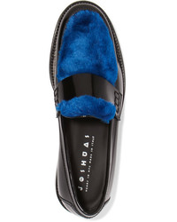 Joshua Sanders Last Dance Faux Fur Trimmed Glossed Leather Loafers Blue