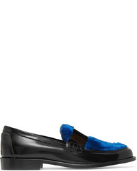 Joshua Sanders Last Dance Faux Fur Trimmed Glossed Leather Loafers Blue
