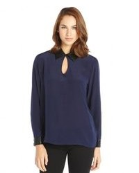 Wyatt Royal Navy And Black Silk Faux Leather Accent Long Sleeve Blouse