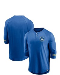 FANATICS Branded Royal Milwaukee Brewers Sport Resort Weathered Henley Washed Raglan 34 Sleeve T Shirt