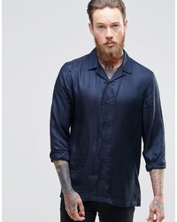 Asos Brand Shirt In Navy With Revere Collar In Regular Fit