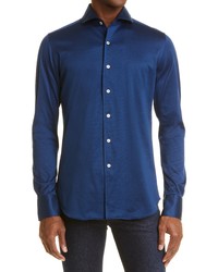 Canali Cotton Jersey Button Up Shirt In Bright Blue At Nordstrom