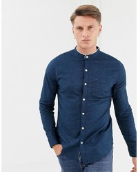 Hollister Muscle Fit Banded Collar Icon Logo Oxford Shirt In Navy