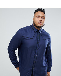 ASOS DESIGN Plus Regular Fit Western Viscose Shirt In Navy With Poppers