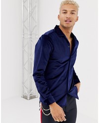 ASOS DESIGN Regular Fit Velour Shirt In Navy With Revere Collar