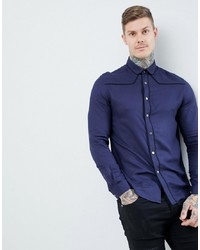 ASOS DESIGN Regular Fit Western Viscose Shirt In Navy With Poppers