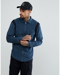 ASOS DESIGN Regular Fit Zip Through Towelling Shirt In Navy