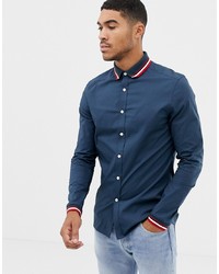 ASOS DESIGN Skinny Shirt In Navy With Ribbed Collar Cuff