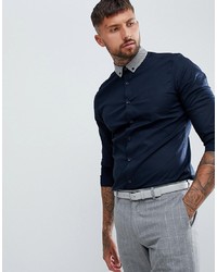 ASOS DESIGN Slim Smart Work Shirt With Check Collar In Blue