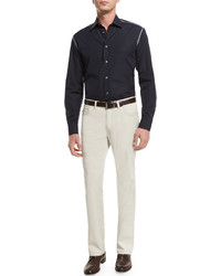 Brioni Solid Long Sleeve Sport Shirt With Contrast Trim Navy