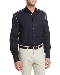 Brioni Solid Long Sleeve Sport Shirt With Contrast Trim Navy