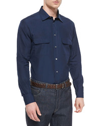 Brioni Solid Sport Shirt With Western Pockets Navy