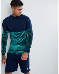 ASOS DESIGN Asos Longline Muscle Fit Long Sleeve T Shirt With Velour And Jersey Panelling In Navycompost