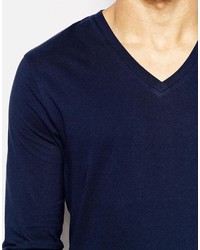 Asos Brand Long Sleeve T Shirt With V Neck In Navy
