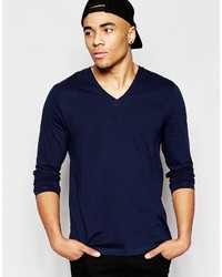 Asos Brand Long Sleeve T Shirt With V Neck In Navy