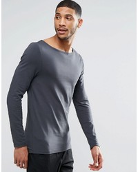 Asos Brand Muscle Long Sleeve T Shirt With Boat Neck In Washed Black