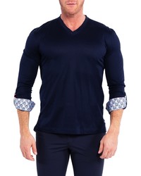 Maceoo Edison Solidgrass Blue Long Sleeve V Neck T Shirt