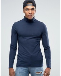 Asos Extreme Muscle Long Sleeve T Shirt With Roll Neck In Navy