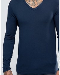 Asos Long Sleeve Muscle T Shirt With V Neck In Navy